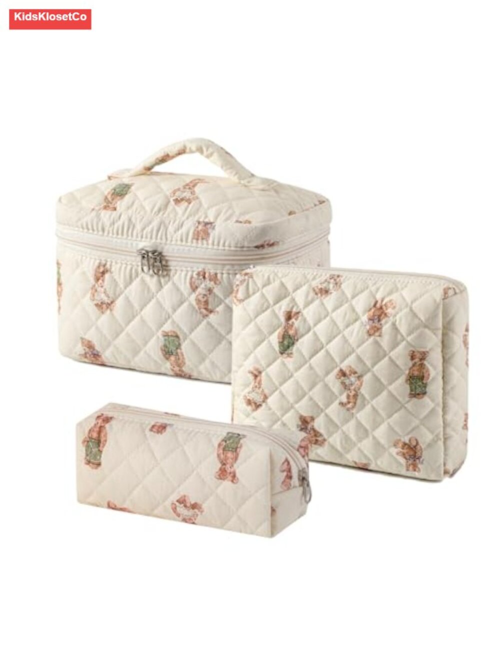 Quilted Cotton Makeup Pouch Set with Bear Pattern, Double Zipper, Travel